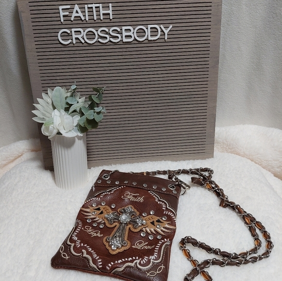 Handbags - Brown Leather Bling Cross Crossbody Small Purse Chain Strap